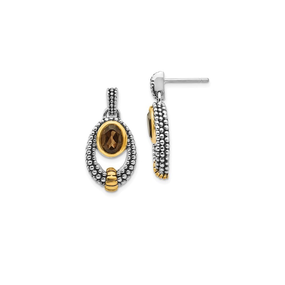 925 Ss Flash Gp Antiqued Oval Bezel Smoky Quartz Post Dangle Earrings